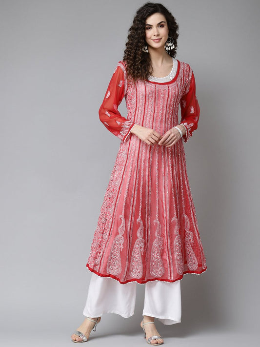 ADA Women Red & White Ethnic Motifs Embroidered Chikankari Georgette Kurta | Swadesiicart