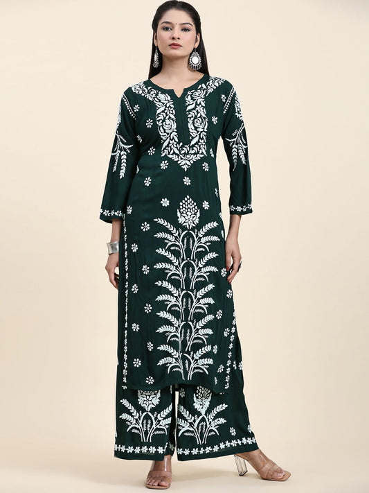 HOUSE OF KARI Floral Embroidered Chikankari Pure Cotton Straight Kurta With Palazzo | Swadesiicart