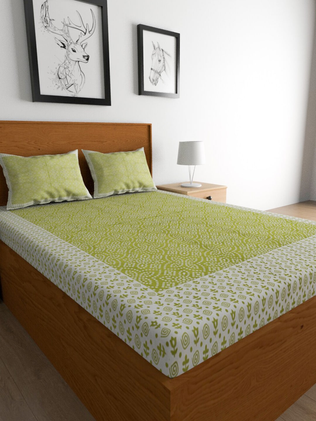Urban Magic Green & White Ethnic Motifs Cotton 104 TC Queen Bedsheet with 2 Pillow Covers - Swadesiicart