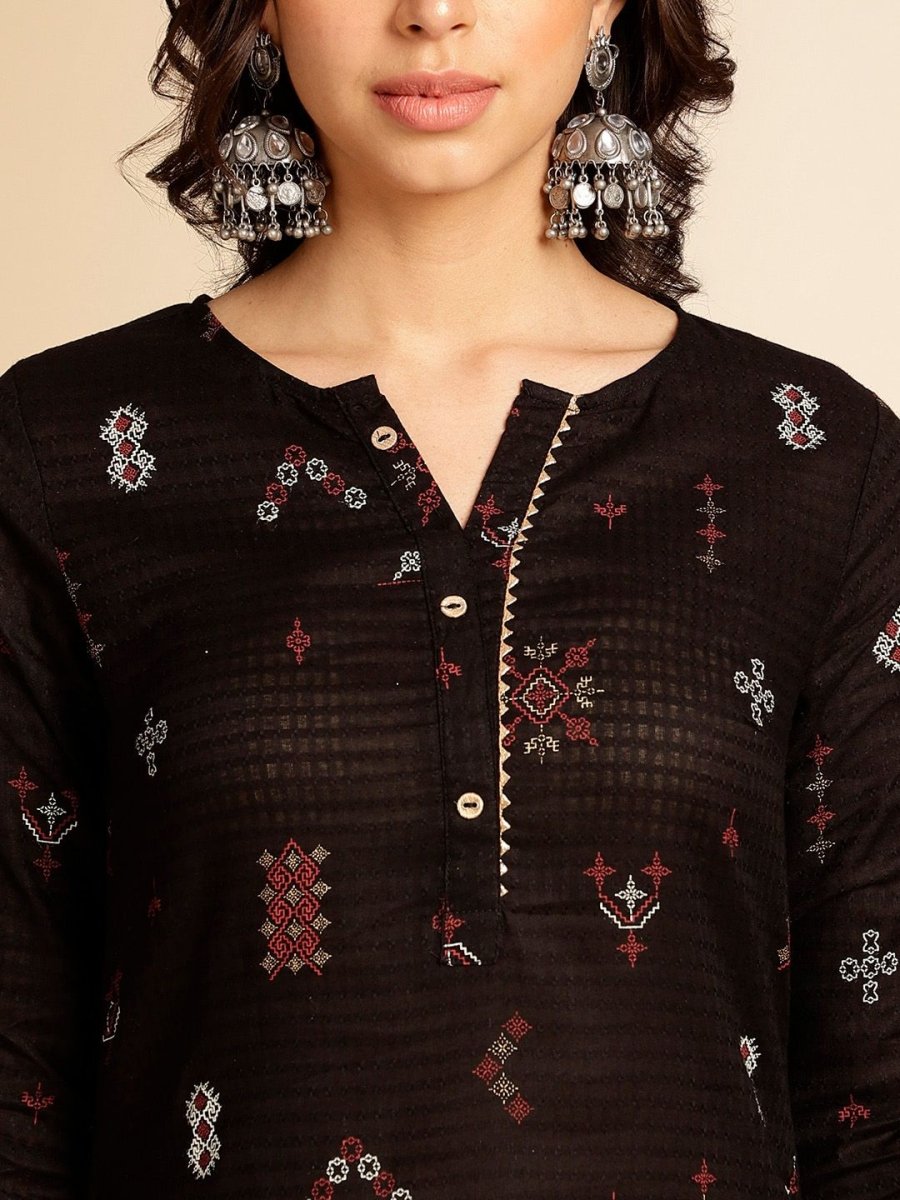 Anouk Black Ethnic Motifs Printed Round Neck Gotta Patti Cotton Straight Kurta - Swadesiicart