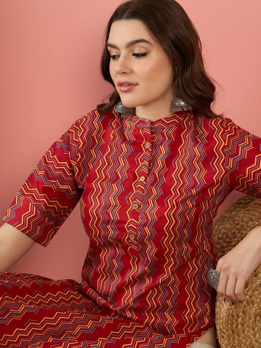 Anouk Red Chevron Printed Mandarin Collar Short Sleeves Cotton Kurta - Swadesiicart