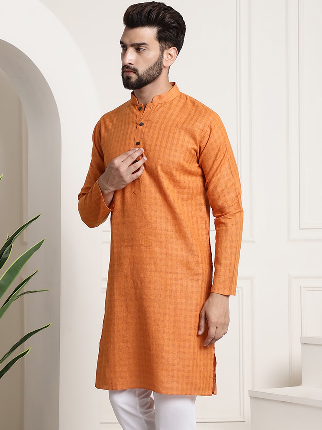 Sojanya Men Orange Dobby Self-Checked Straight Kurta | Swadesiicart