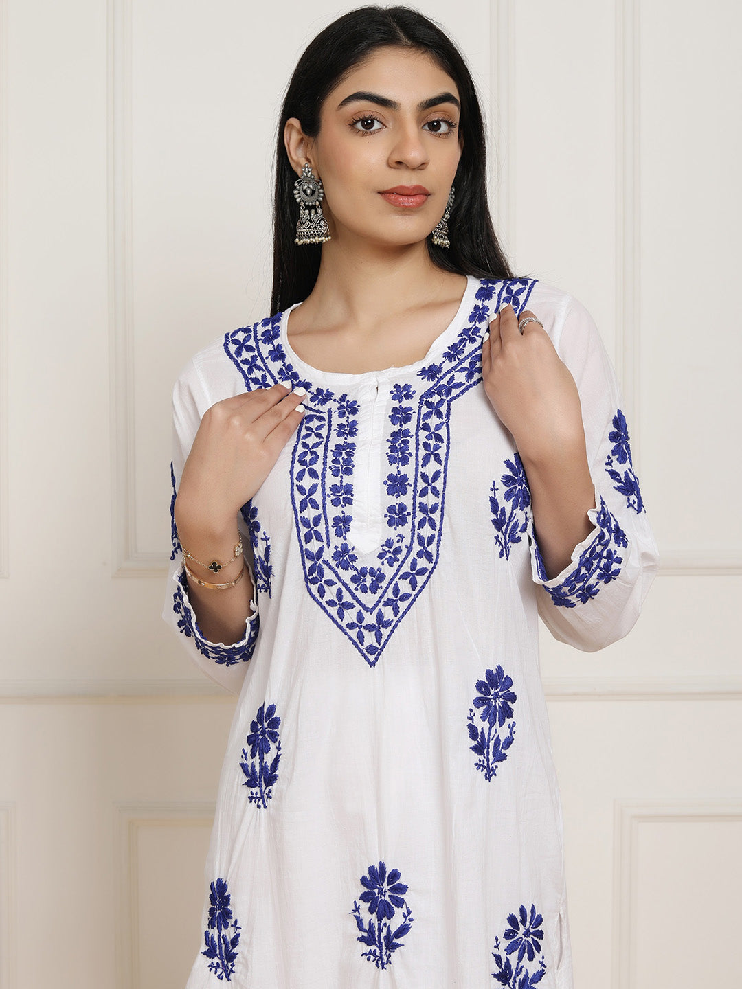HOUSE OF KARI Women Ethnic Motifs Embroidered Regular Chikankari Pure Cotton Kurta with Trousers | Swadesiicart