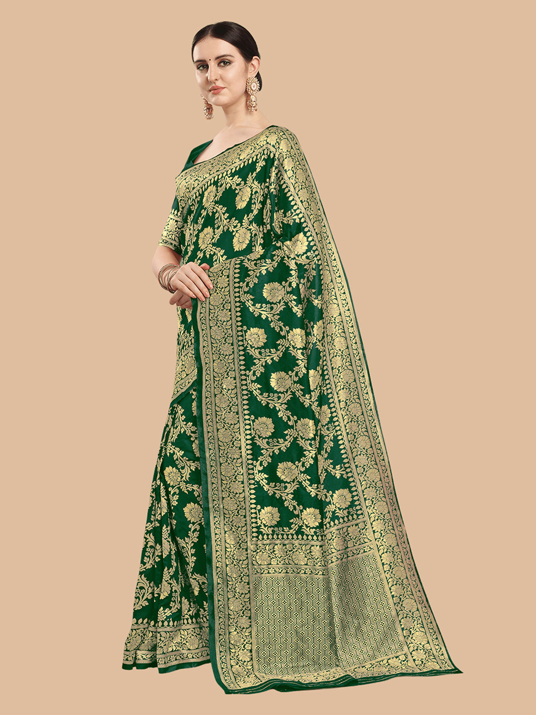 Kalini Green & Gold-Toned Woven Design Silk Blend Banarasi Saree | Swadesiicart