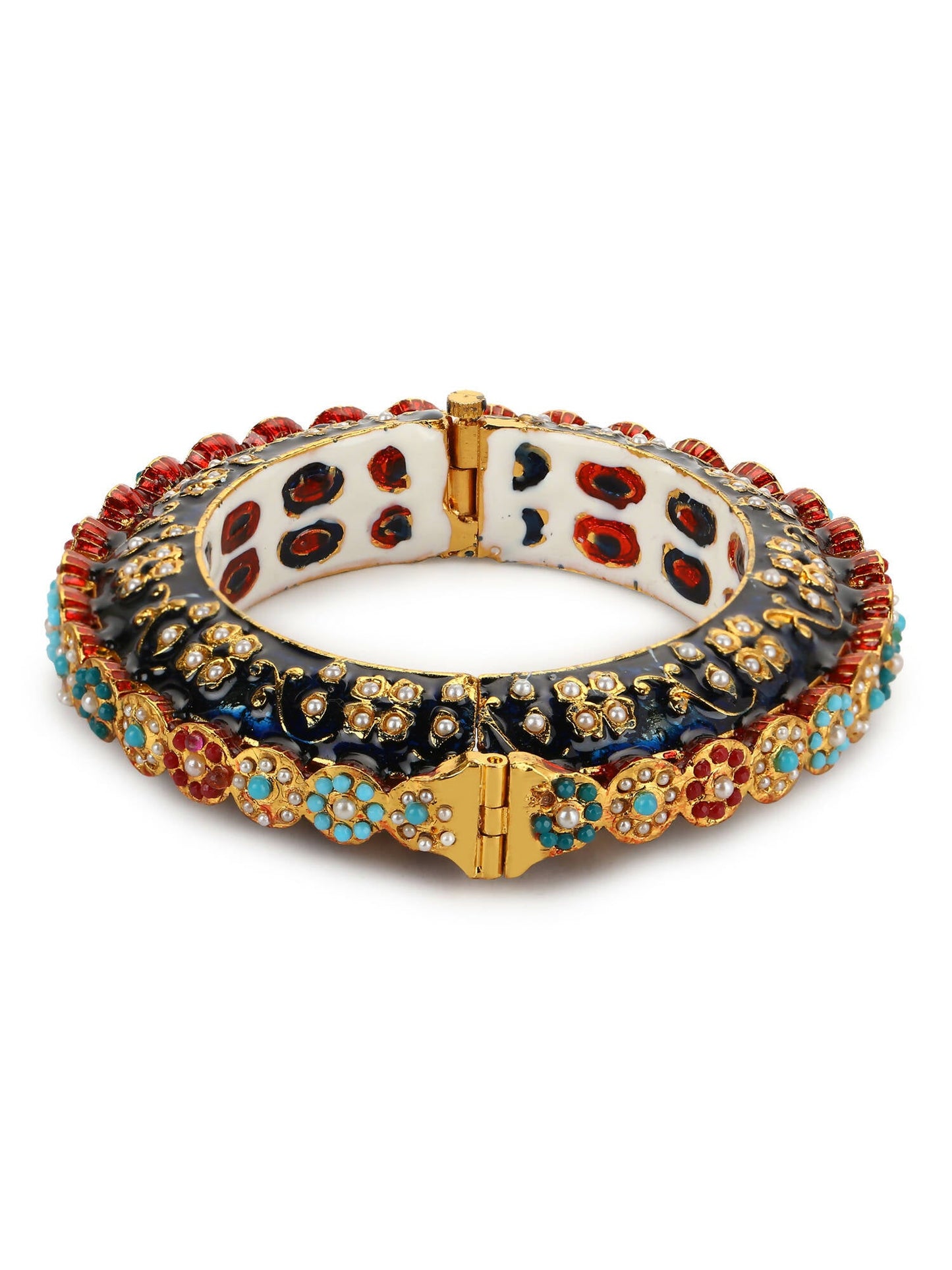 Gold-Polished Blue White Kundan Studded Pearls Beaded Bangle - Ruby Raang - Swadesiicart