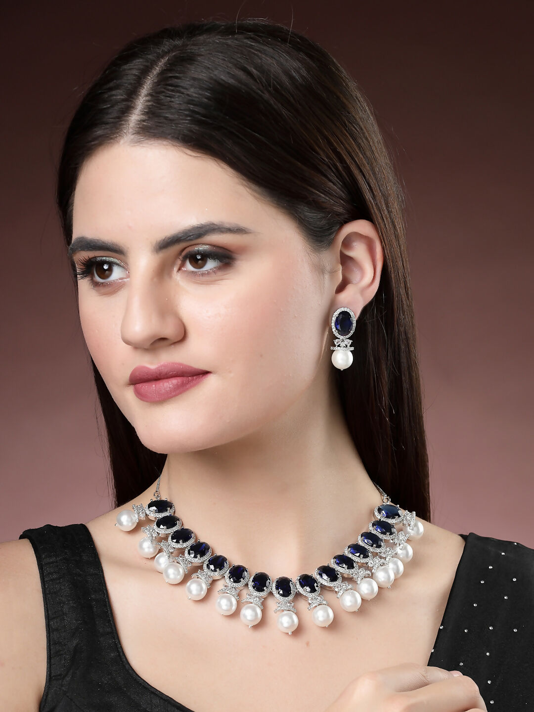 NVR Women's Silver-Plated Blue American Diamond Studded Handcrafted Jewellery Set - Swadesiicart