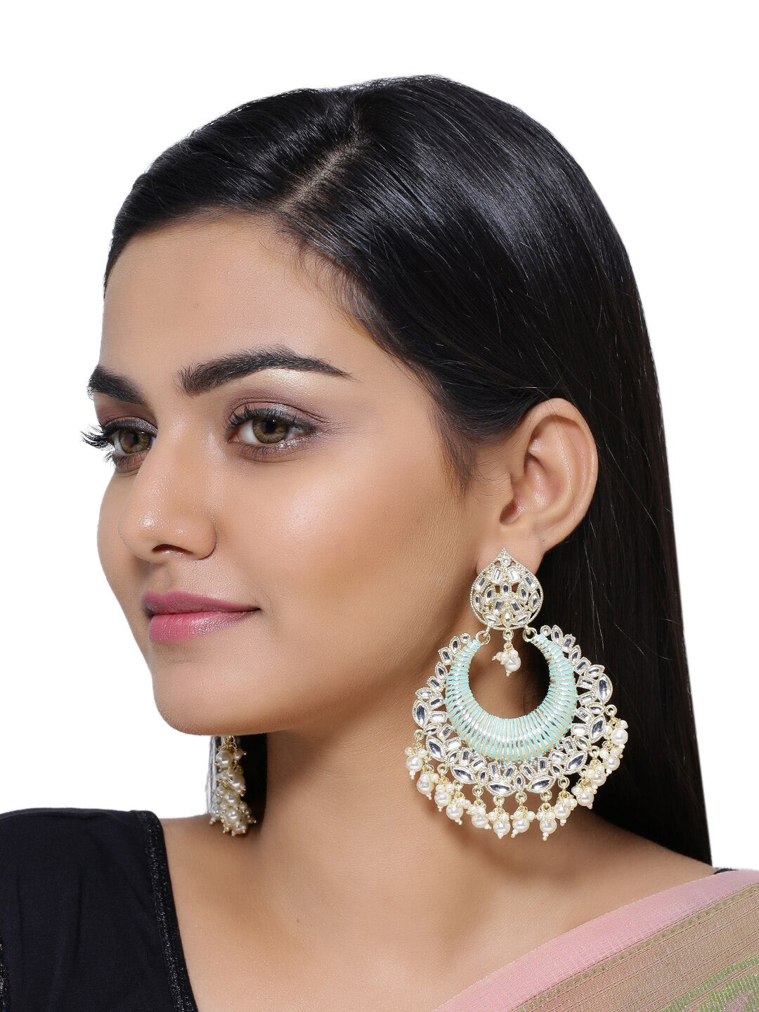Shoshaa Sea Green & Gold-Polished Classic Chandbalis - Swadesiicart