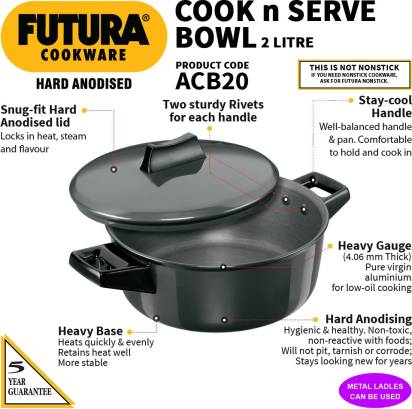 Hawkins Futura Hard Anodised Cook-n-Serve Bowl Handi 2 L with Lid (ACB20) - Swadesiicart