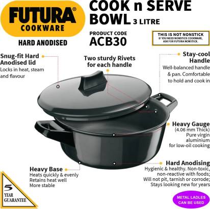 Hawkins Futura Hard Anodised Cook n Serve Bowl Handi 3 L with Lid (ACB30) - Swadesiicart