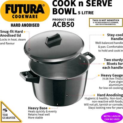 Hawkins Futura Hard Anodized Cook-n-Serve Bowl 5 L with Lid (ACB50) - Swadesiicart