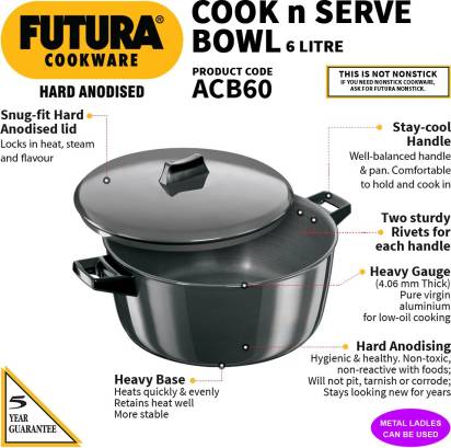 Hawkins Futura Hard Anodised Cook-n-Serve Bowl 6 L Capacity (ACB60) - Swadesiicart