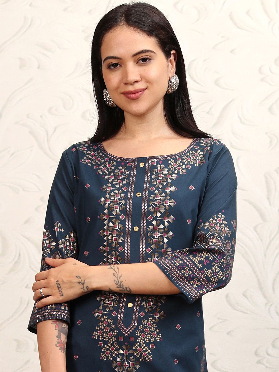 Vishudh Women Navy Blue Printed A-Line Kurta - Swadesiicart