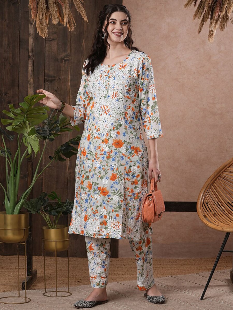 ADA Floral Printed Round Neck Regular Lucknowi Chikankari Kurta with Trousers | Swadesiicart