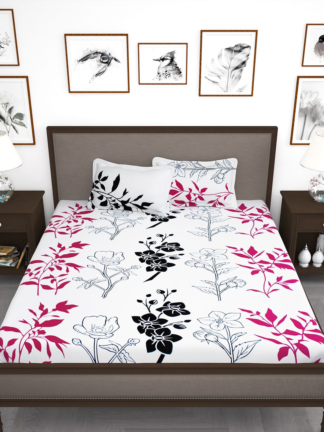 Story@home White & Pink Floral King Bedsheet with 2 Pillow Covers - Swadesiicart