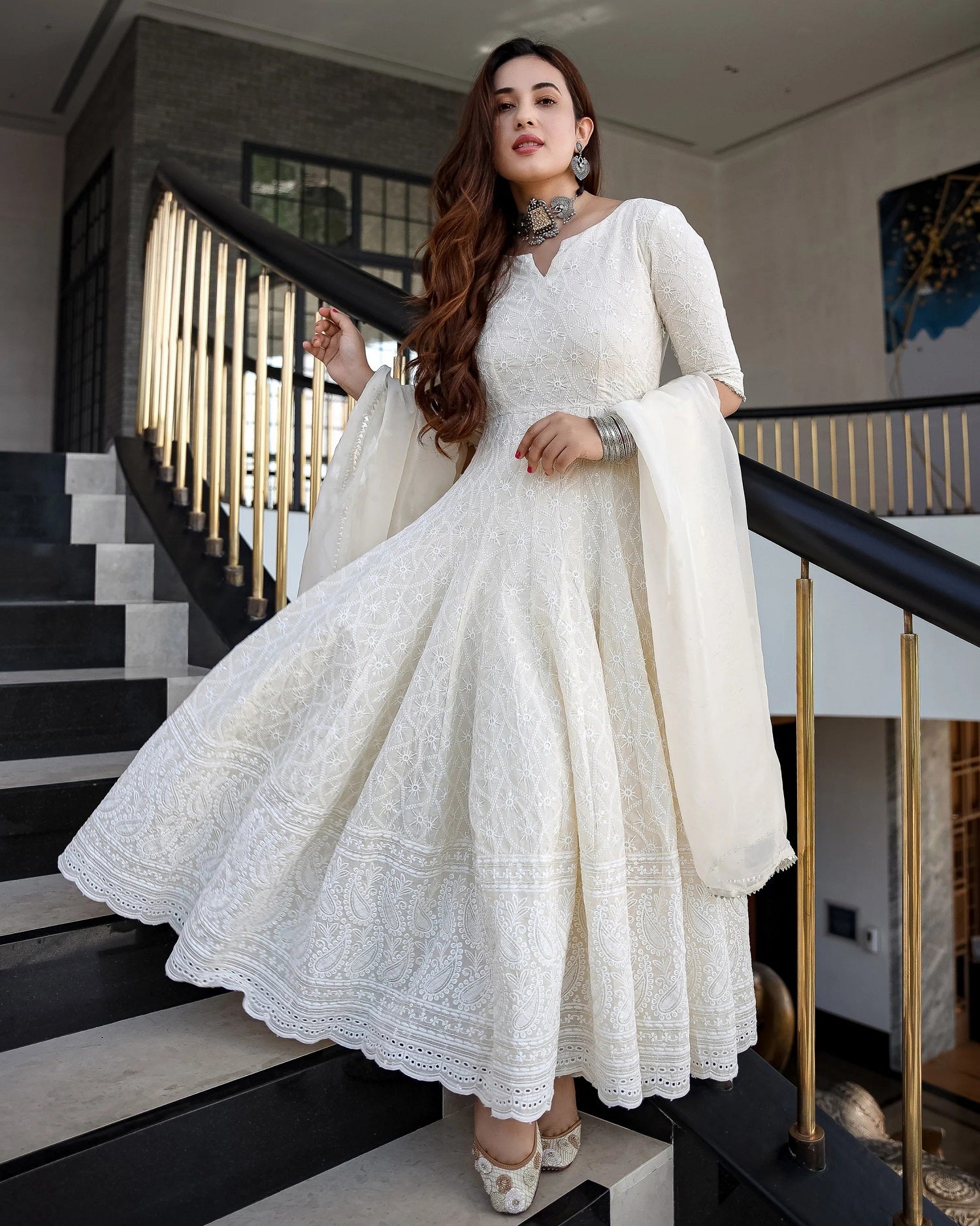 Indian Clothing Malishka Women's White Cotton Chikankari Gown with Dupatta Set - White - Malishka