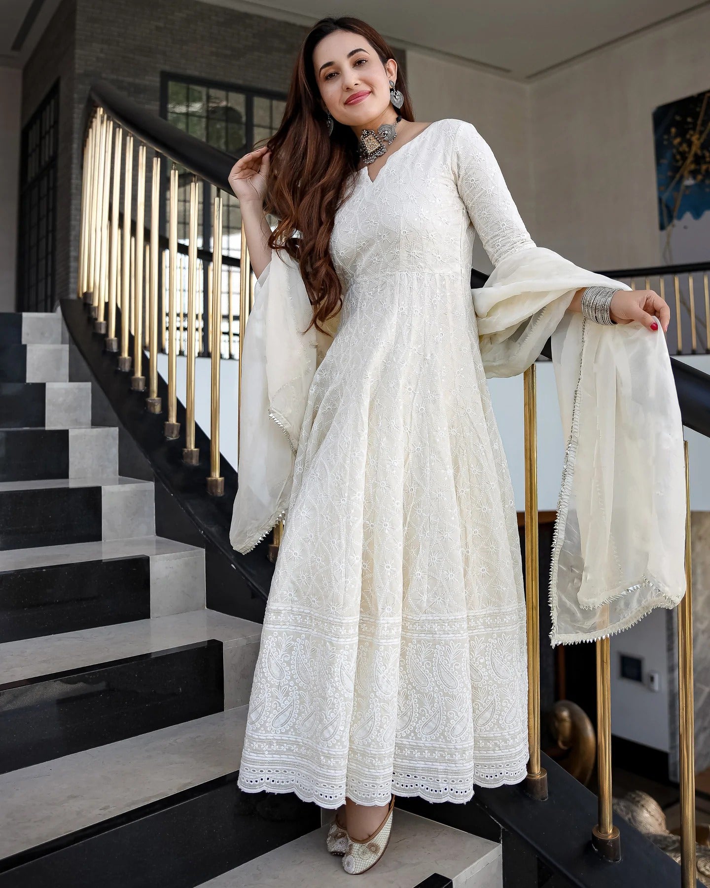 Indian Clothing Malishka Women's White Cotton Chikankari Gown with Dupatta Set - White - Swadesiicart