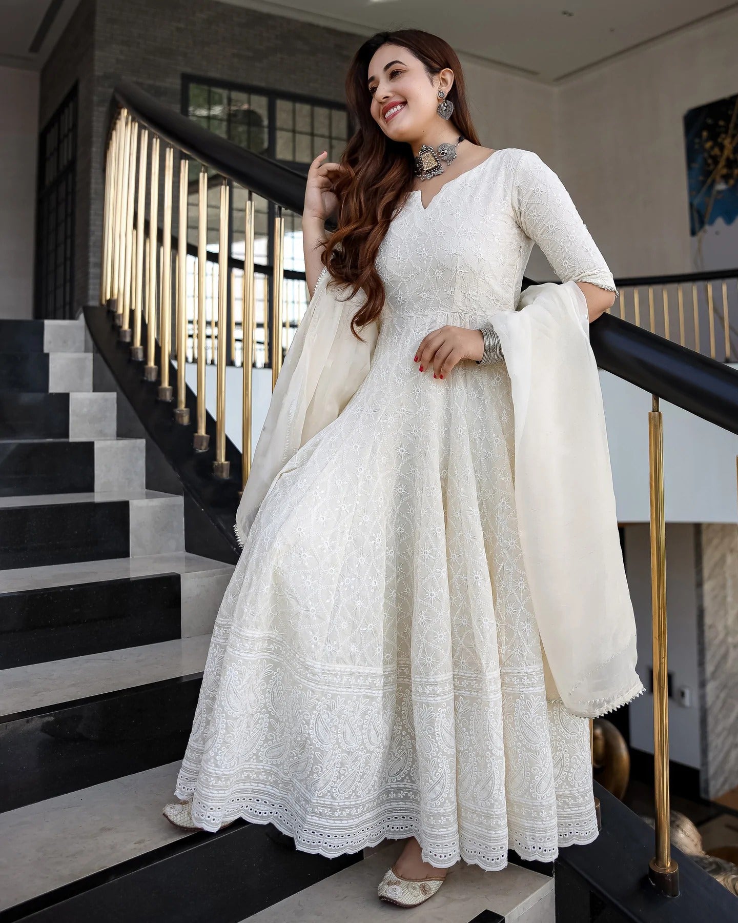 Indian Clothing Malishka Women's White Cotton Chikankari Gown with Dupatta Set - White - Swadesiicart