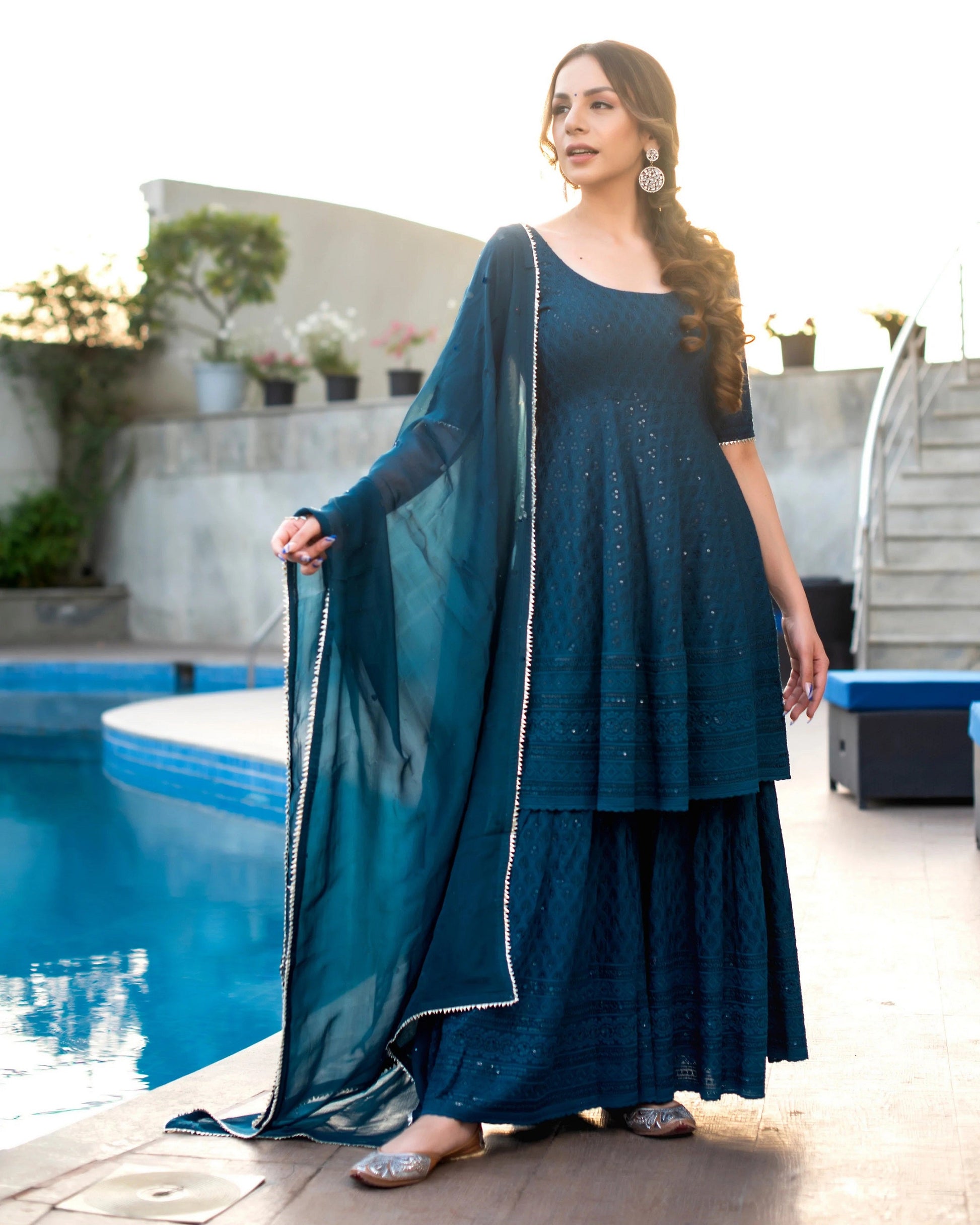 Malishka Women's Blue Embroidered Cotton Kurta Sharara Set With Dupatta - Blue - Malishka