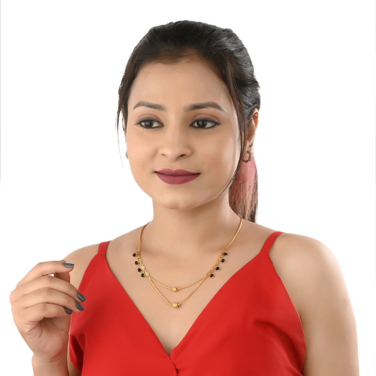 AanyaCentric Gold-Polished Jewelry Combo: Elegant Short Mangalsutra, Finger Ring, and American Diamond Earrings Set - Swadesiicart