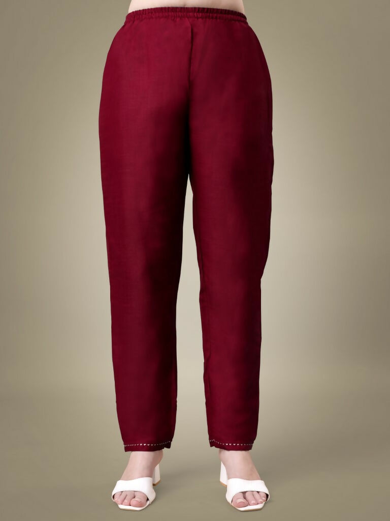 Jyoti Fashion Women's Maroon Cotton Blend Embroidery & Sequence work Kurta with Trouser & Dupatta | Swadesiicart