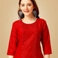 Jyoti Fashion Women's Red Cotton Blend Embroidered Kurta Pant Set | Swadesiicart