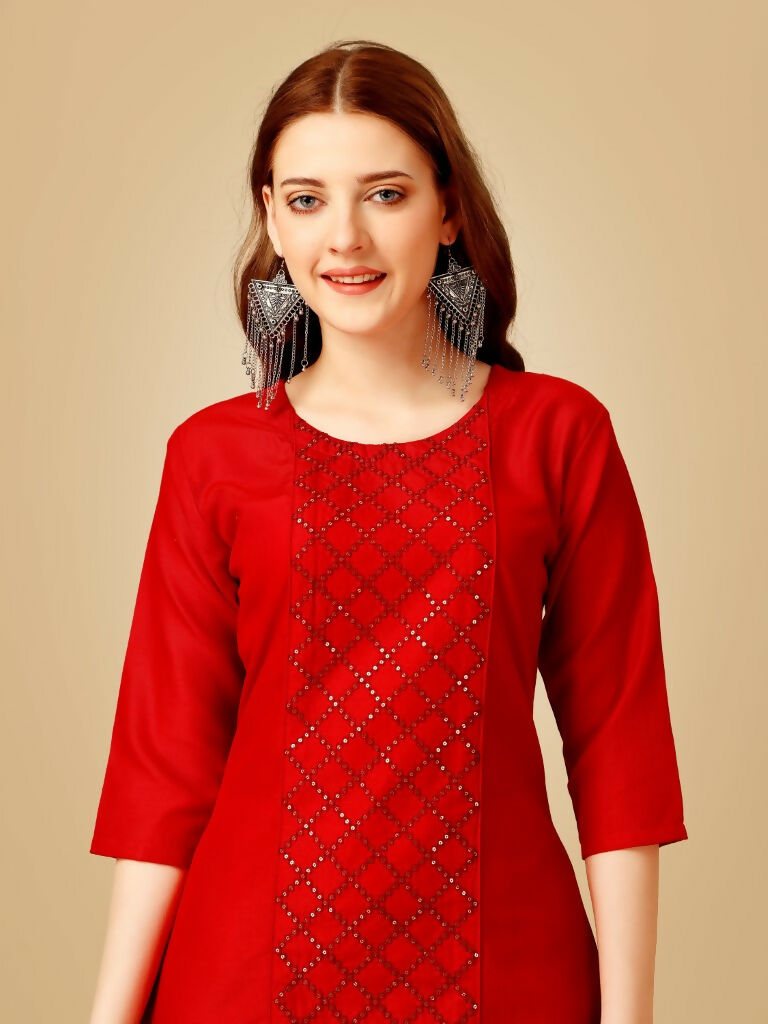 Jyoti Fashion Women's Red Cotton Blend Embroidered Kurta Pant Set | Swadesiicart