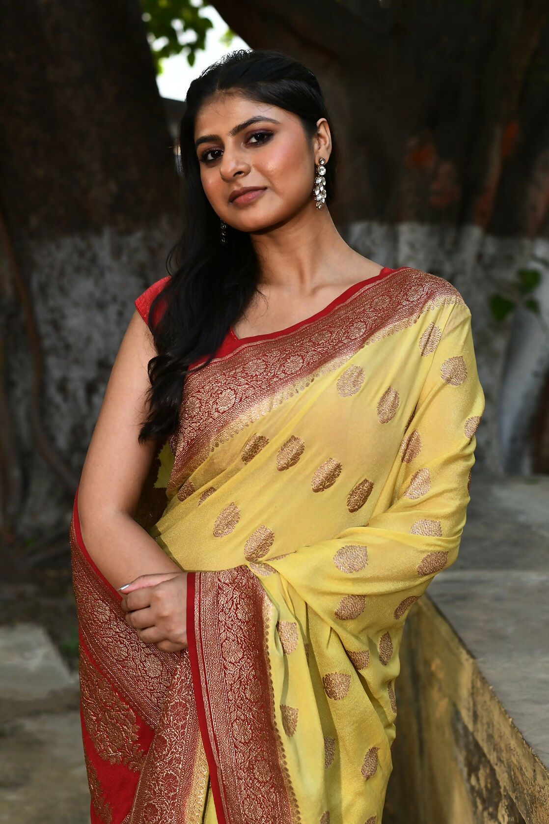 Joban Fashion Pale Yellow Crepe Chiffon Pure Handloom Banarasi Silk Saree | Swadesiicart