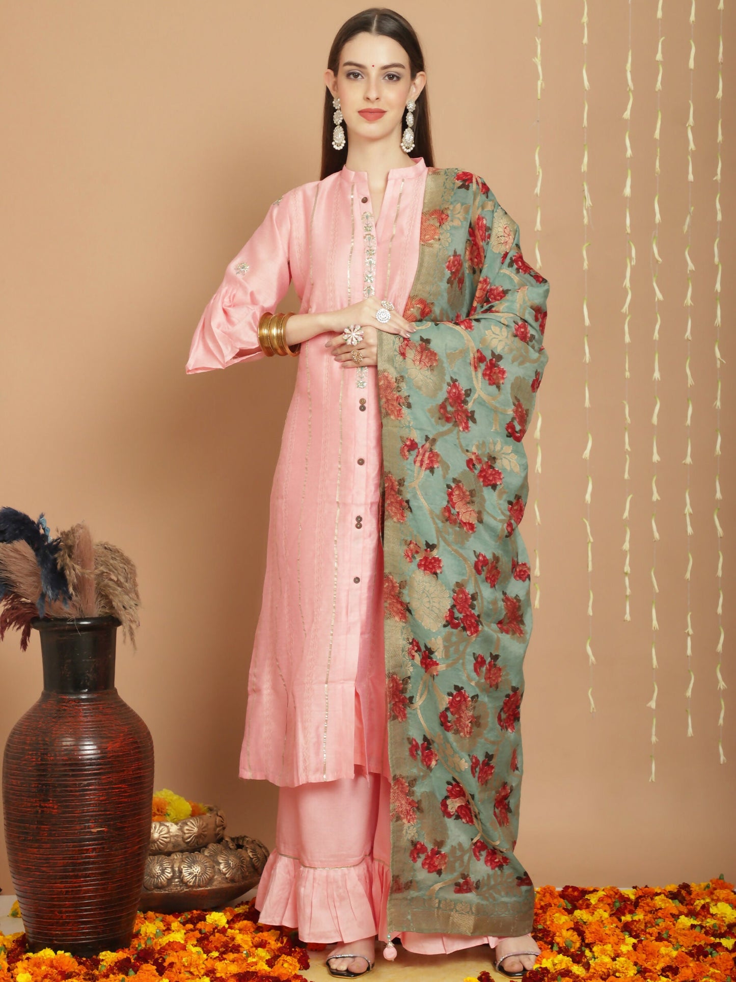 Jyoti Fashion Women's Peach Chanderi Silk Elegant Jardoshi Kurta with Trouser & Dupatta | Swadesiicart