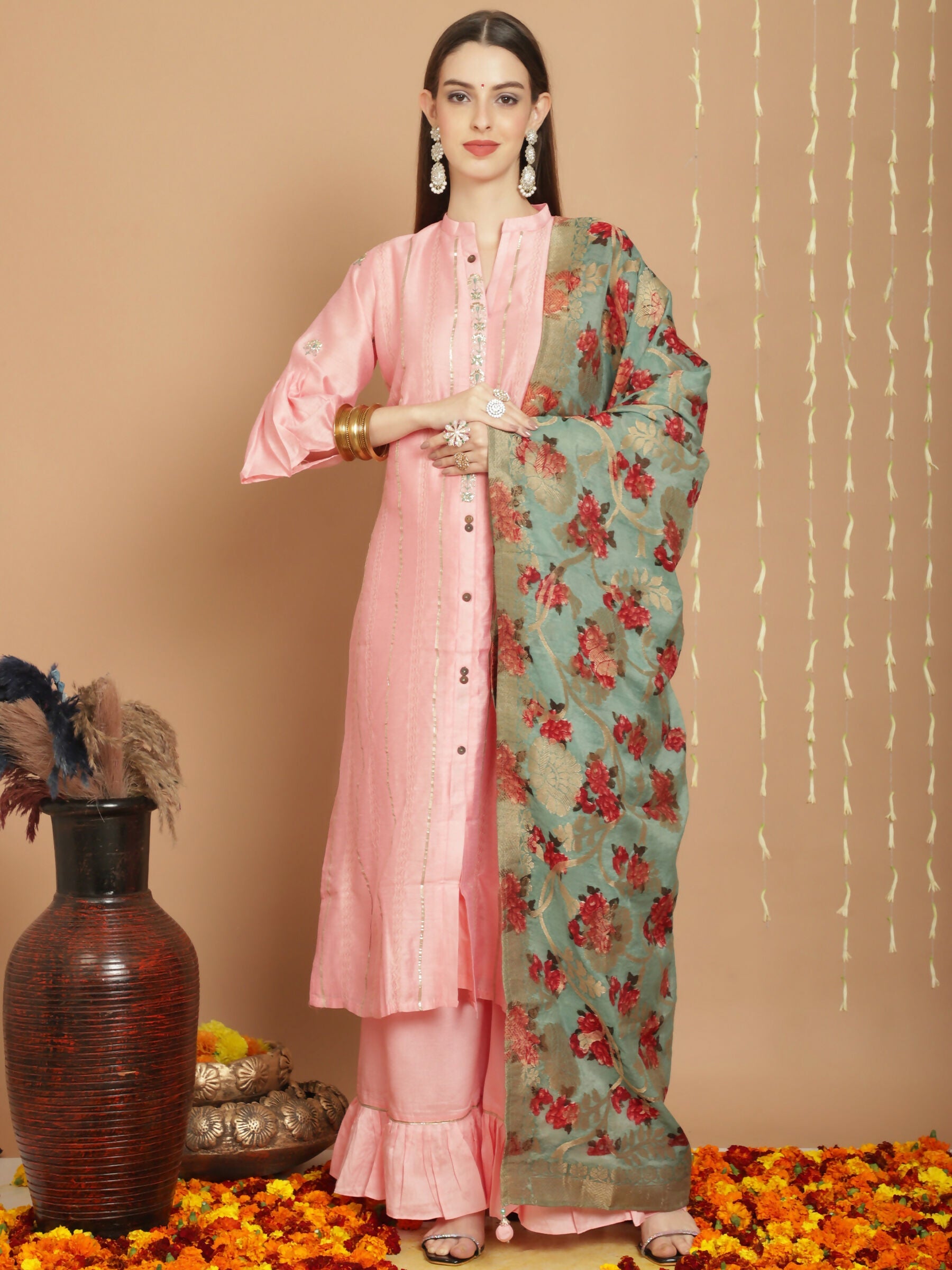 Jyoti Fashion Women's Peach Chanderi Silk Elegant Jardoshi Kurta with Trouser & Dupatta | Swadesiicart