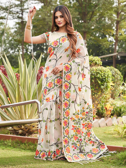 Tikhi Imli White Floral Woven Design Saree | Swadesiicart