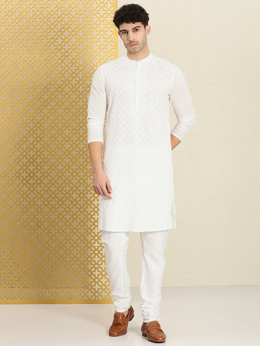 House of Pataudi Men Chikankari Embroidered Pure cotton Jashn Kurta with Churidar | Swadesiicart