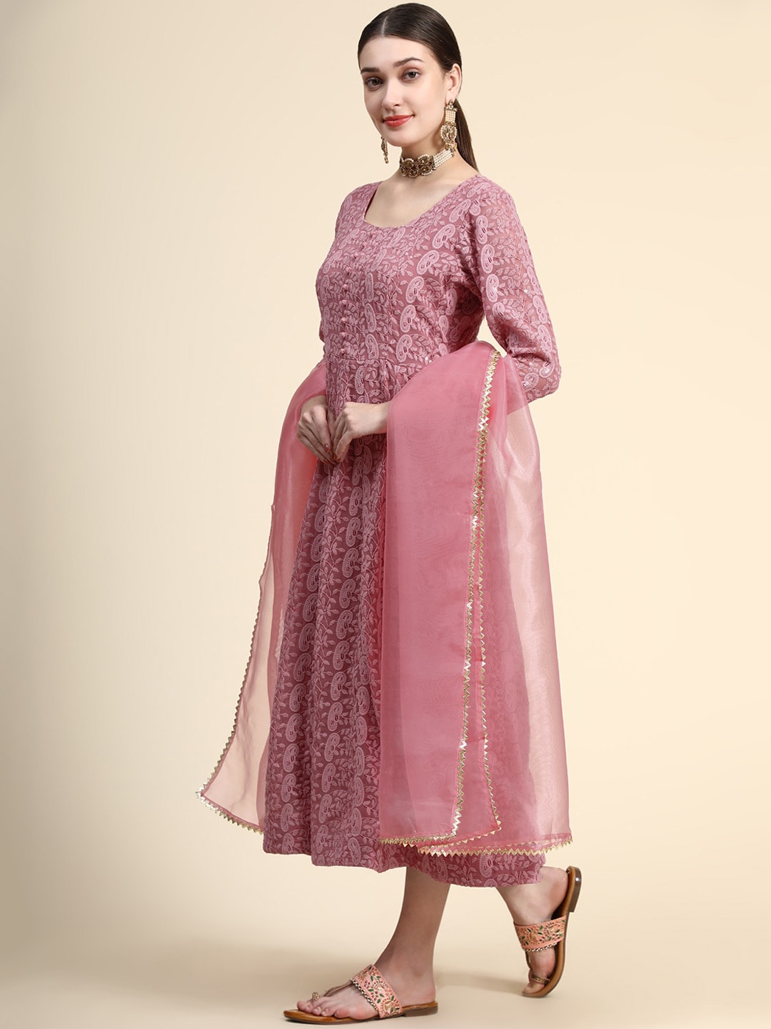 Kalini Paisley Embroidered Chikankari Georgette Anarkali Kurta With Dupatta Set | Swadesiicart