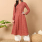 FIORRA Women's Floral Printed Red Cotton A-Line Kurta