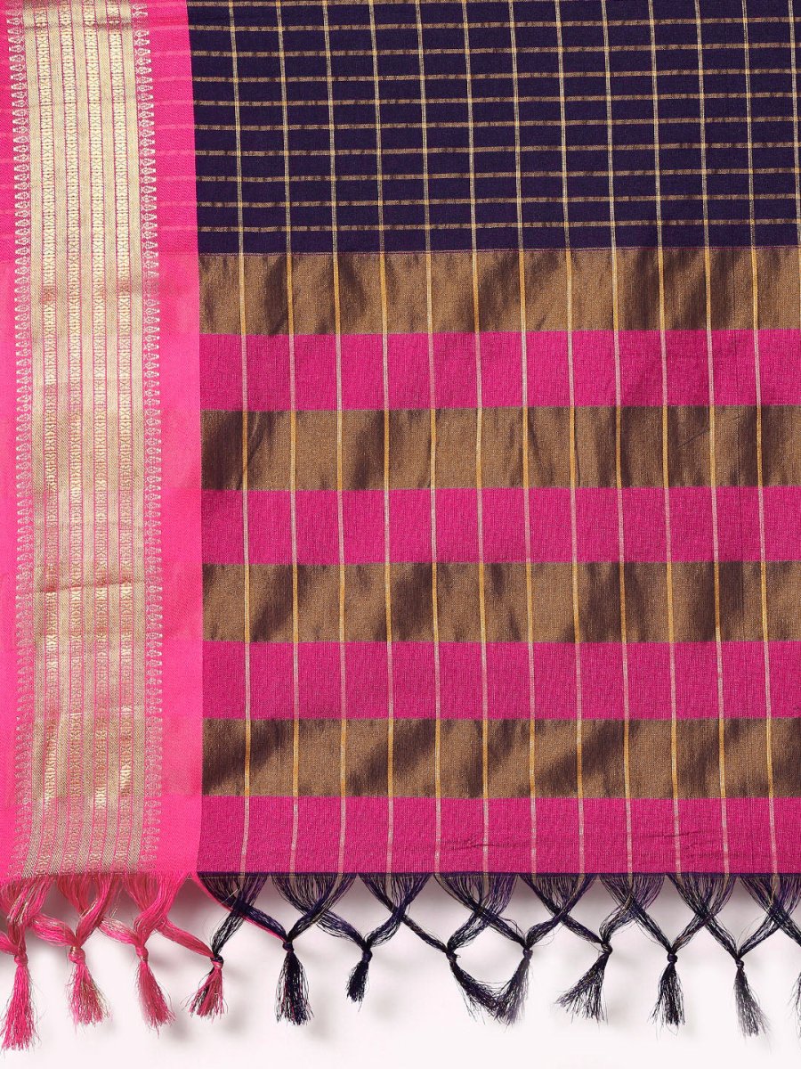 Anouk Navy Blue & Fuchsia Woven Design Pure Silk Banarasi Saree | Swadesiicart