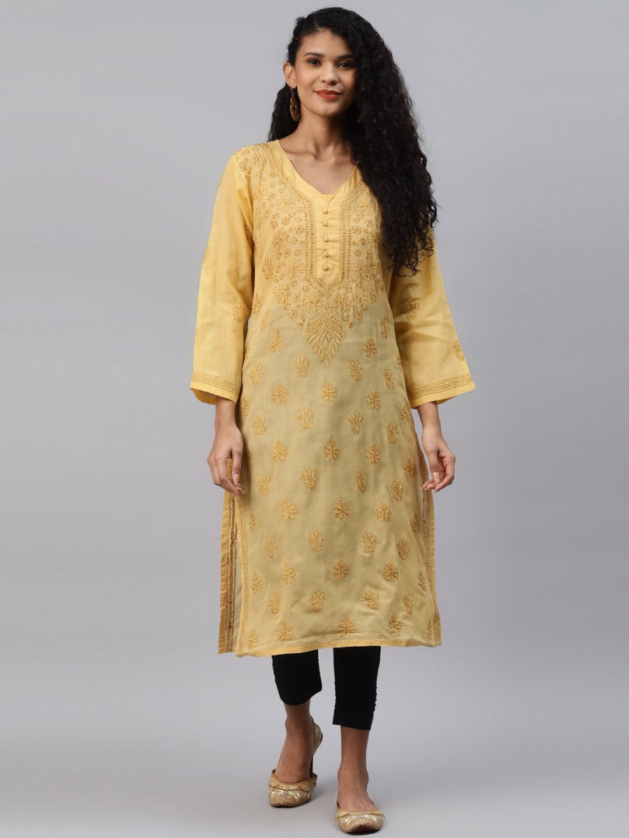 ADA Women Beige & Black Ethnic Motifs Embroidered Chikankari Handloom Kurta with Trousers | Swadesiicart