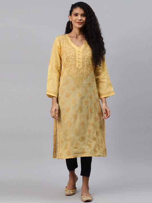 ADA Women Beige & Black Ethnic Motifs Embroidered Chikankari Handloom Kurta with Trousers | Swadesiicart