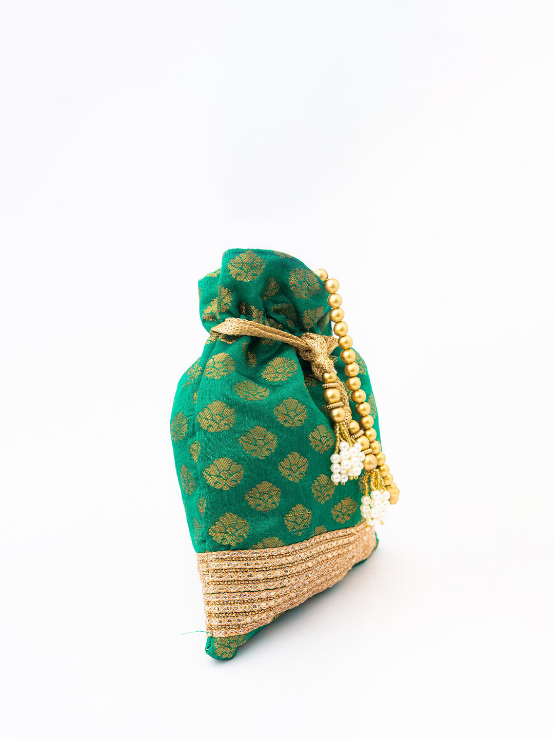 NR By Nidhi Rathi Green & Gold-Toned Banarasi Printed Potli Clutch - Swadesiicart