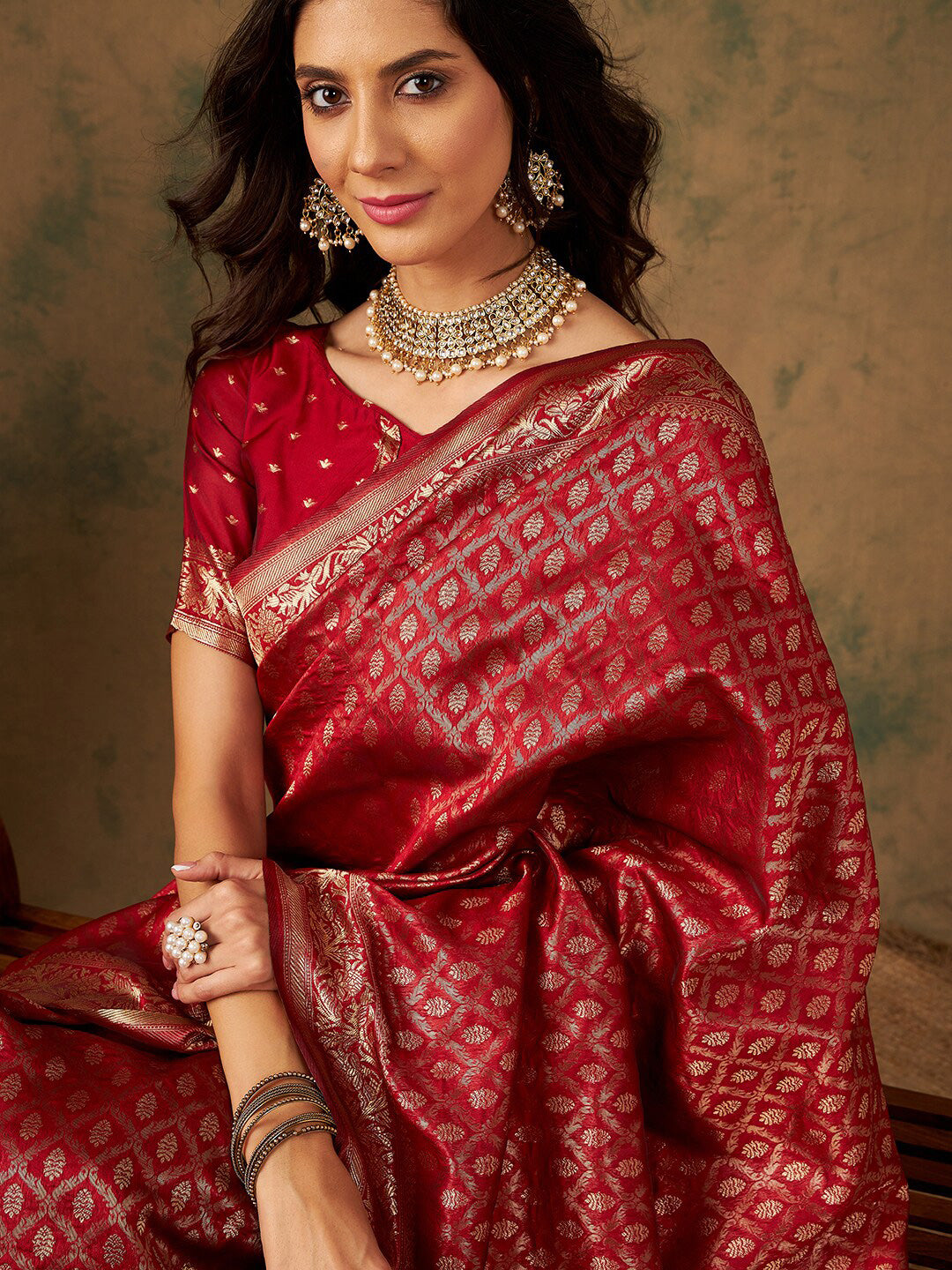 Sangria Red & Gold Toned Ethnic Motifs Woven Design Zari Banarasi Saree | Swadesiicart