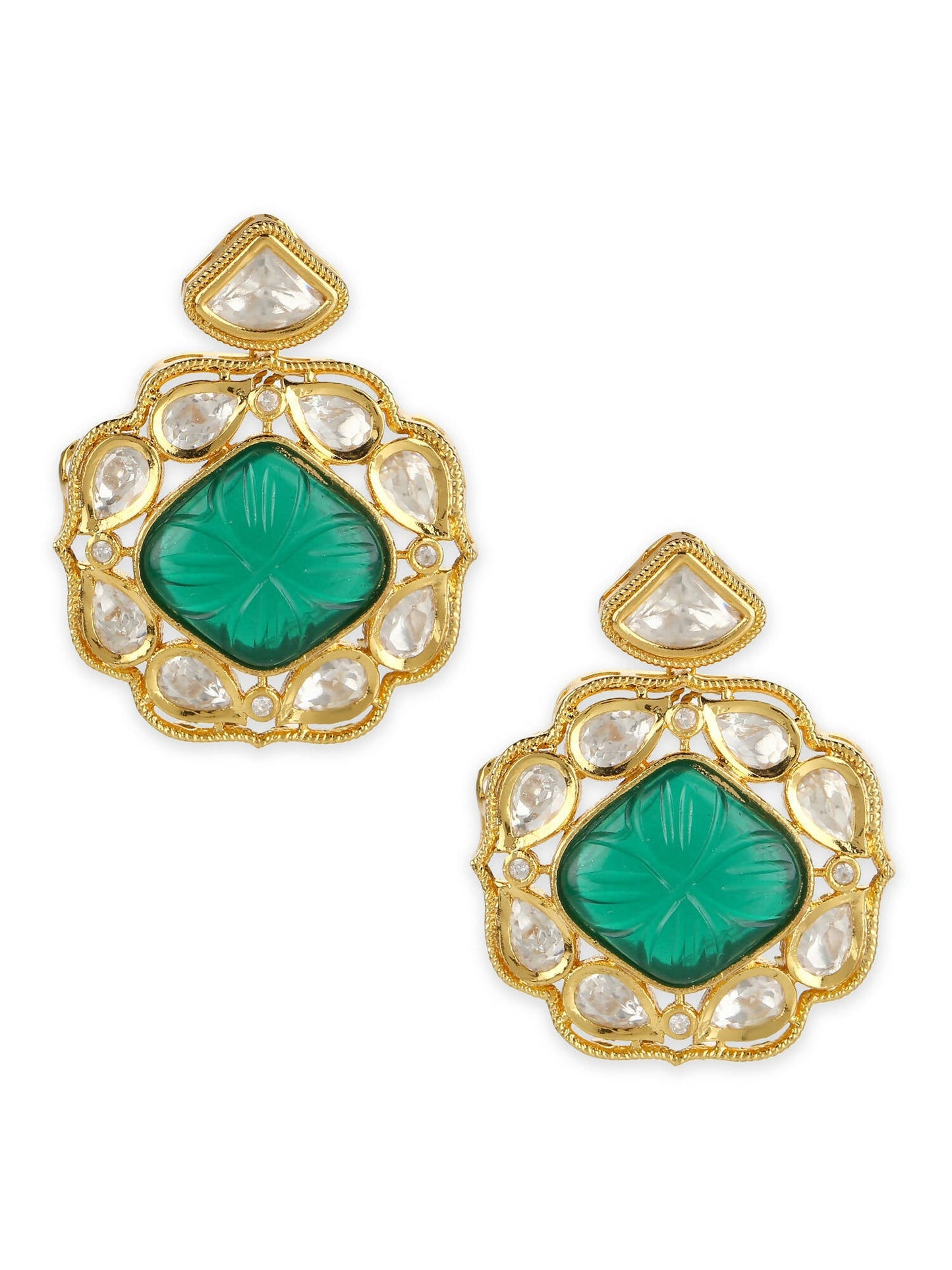 Green Gold-Polished Kundan Studs Earrings - Ruby Raang | Swadesiicart