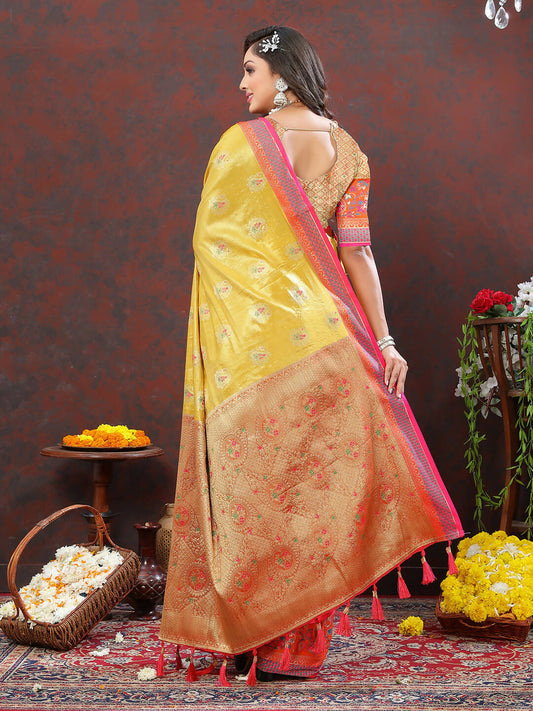 Lorenvalley Fashion Yellow Kanjivaram Silk Woven Design with Zari Weaving Saree - Swadesiicart