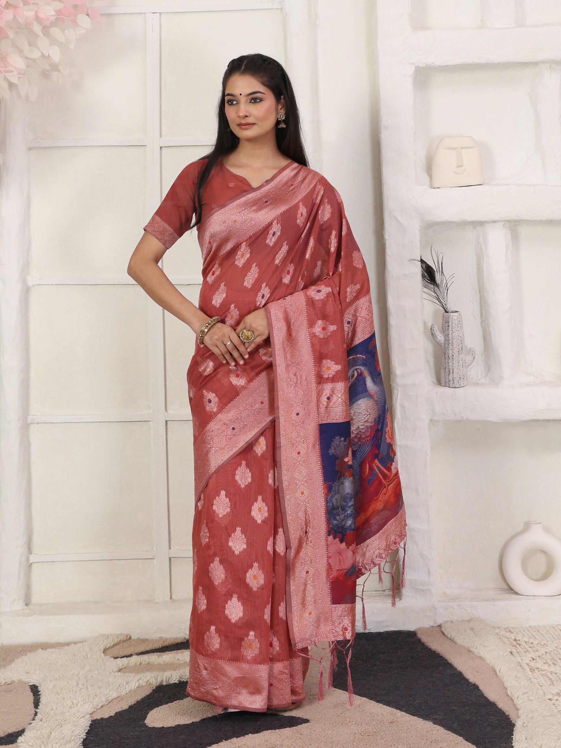 Shree Shyam Fashion Linen Cotton Rust Saree