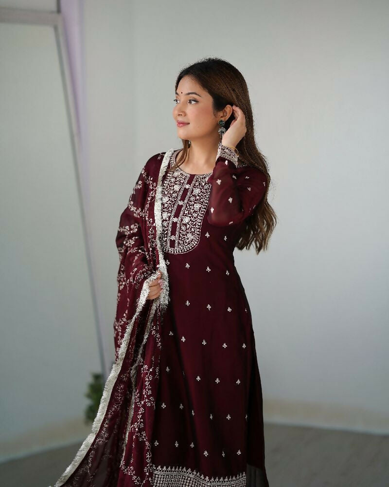Joban Fashion Wine Kurta Set Silk Sequence Embroidery Work - Swadesiicart