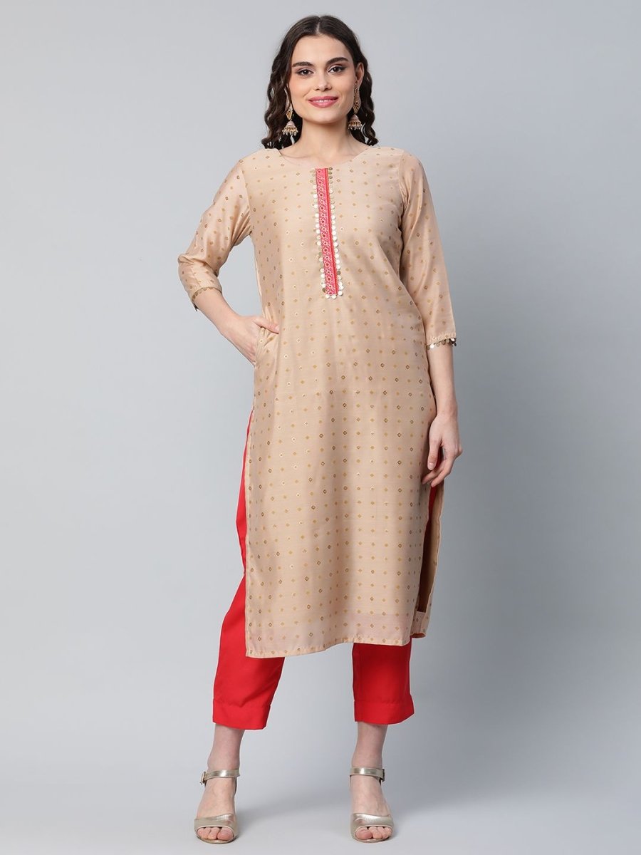 Ahalyaa Women Beige Colour Chanderi Printed Kurta Pant Set | Swadesiicart