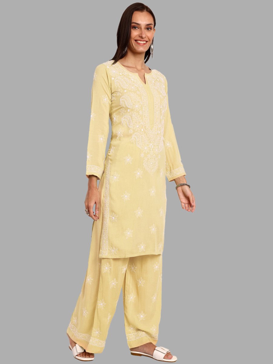 ADA Ethnic Motifs Embroidered Regular Chikankari Kurta with Palazzos | Swadesiicart