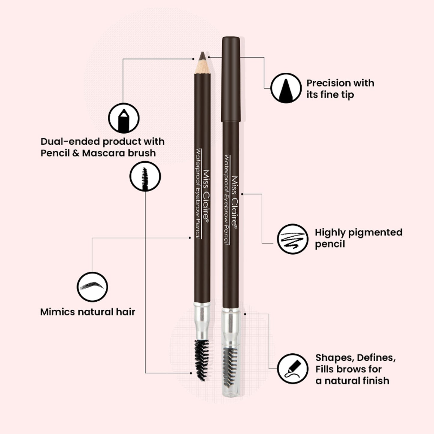 Miss Claire Waterproof Eyebrow Pencil With Mascara Brush - 02 Dark Brown | Swadesiicart