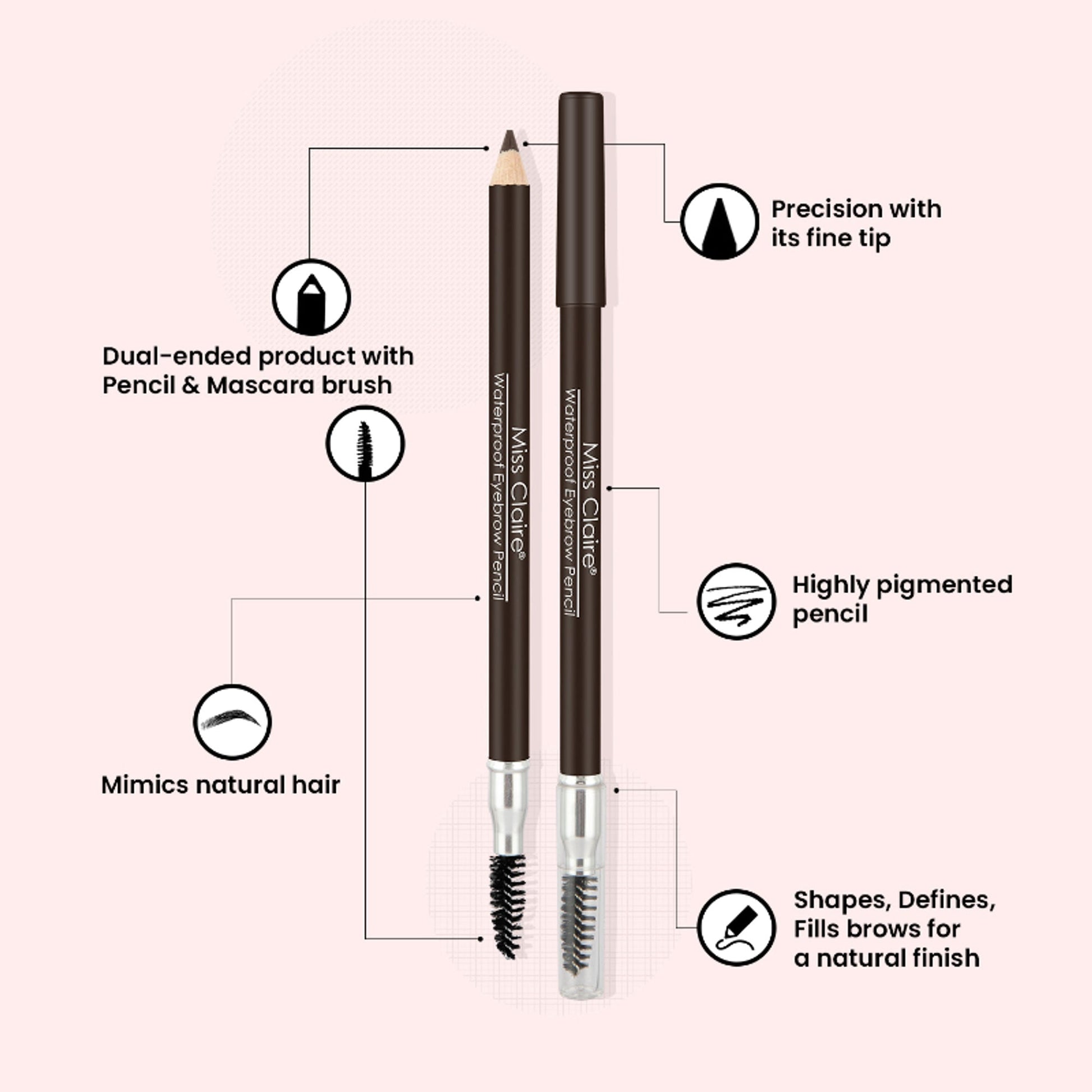 Miss Claire Waterproof Eyebrow Pencil With Mascara Brush - 02 Dark Brown | Swadesiicart