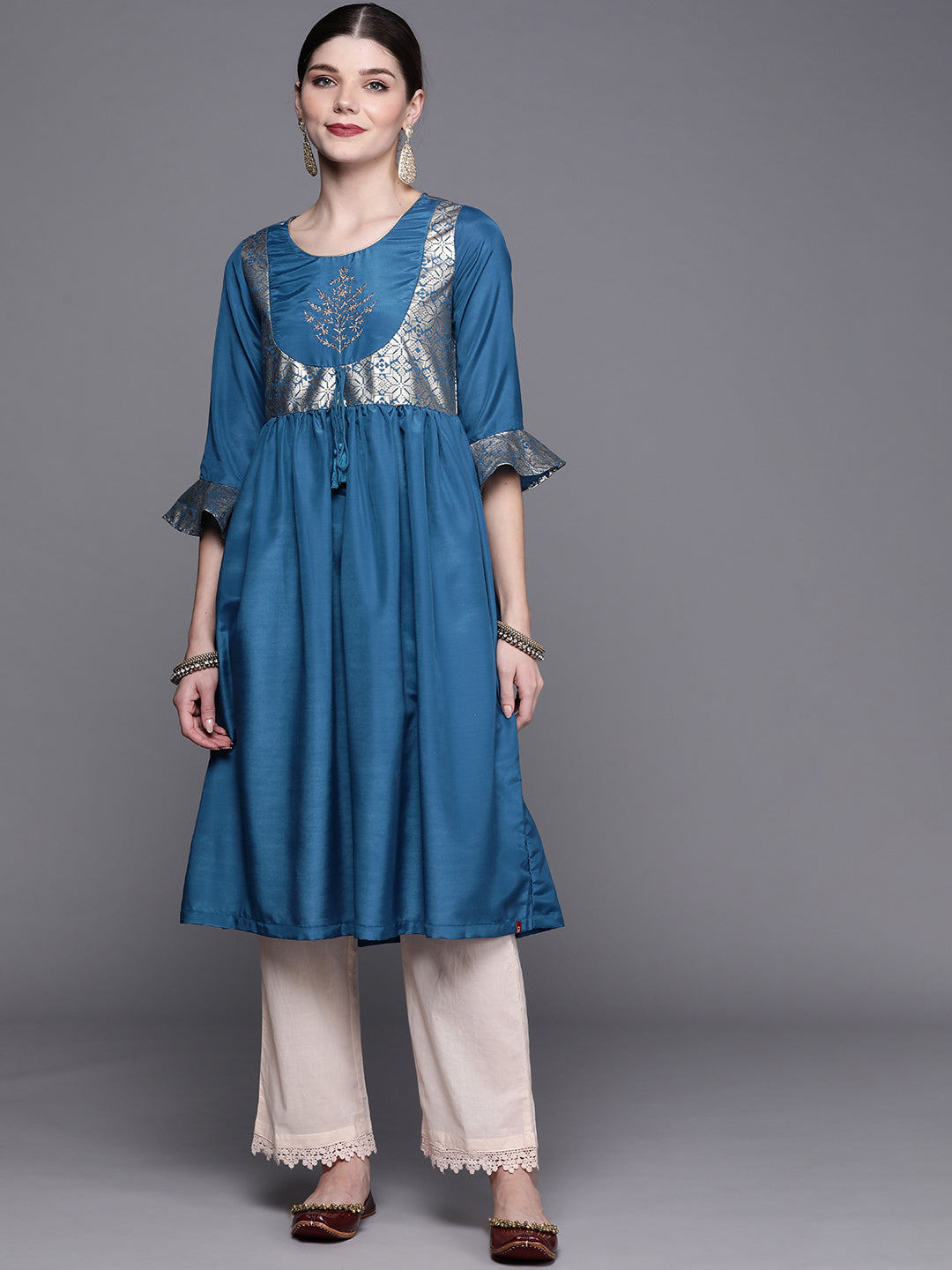 Biba Women Teal Blue & Golden Ethnic Motifs Yoke Design A-Line Kurta - Swadesiicart