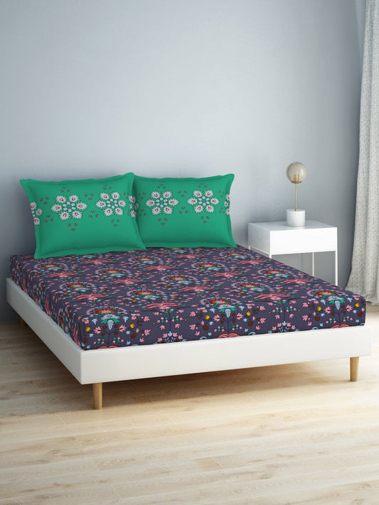 SPACES Aurum Blue Ethnic Motifs Pure Cotton140 TC Queen Bedsheet with 2 Pillow Covers - Swadesiicart