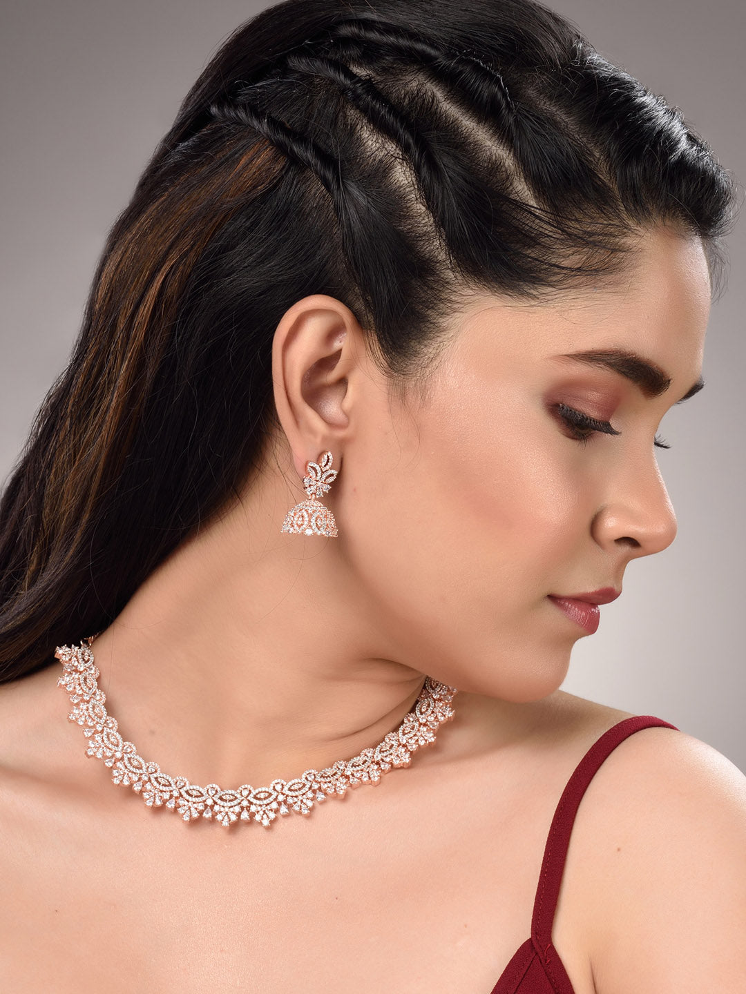 Saraf RS Jewellery Rose Gold-Polished & White AD & CZ-Studded Contemporary Jewellery Set - Swadesiicart