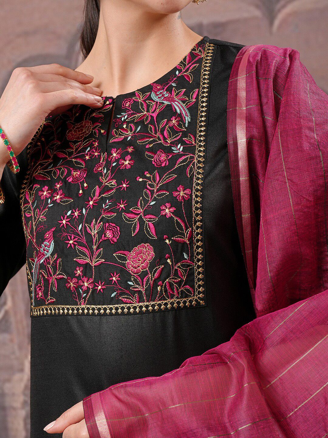 Vishudh Black Yoke Design Thread Work Kurta with Trouser & Dupatta - Swadesiicart